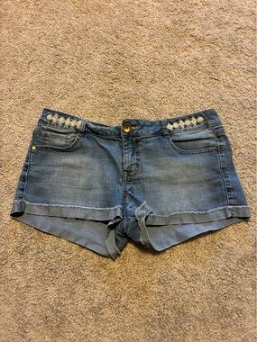 Embellished Mid-Rise Denim Shorts -